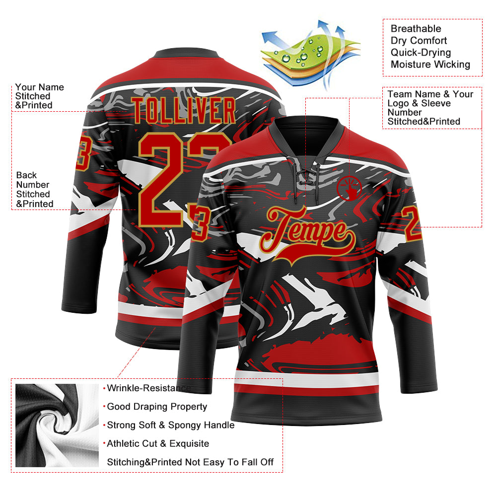 Custom Figure Red Black Old Gold-White 3D Pattern Fluid Art Hockey Lace Neck Jersey