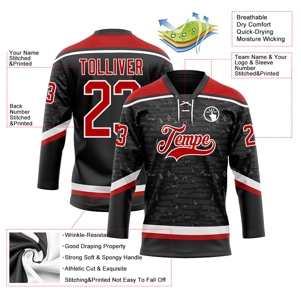 Custom Black Red-White 3D Pattern Fragment Art Hockey Lace Neck Jersey