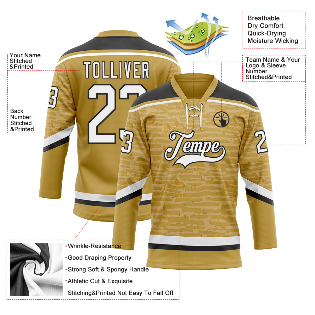 Custom Old Gold White-Black 3D Pattern Fragment Art Hockey Lace Neck Jersey