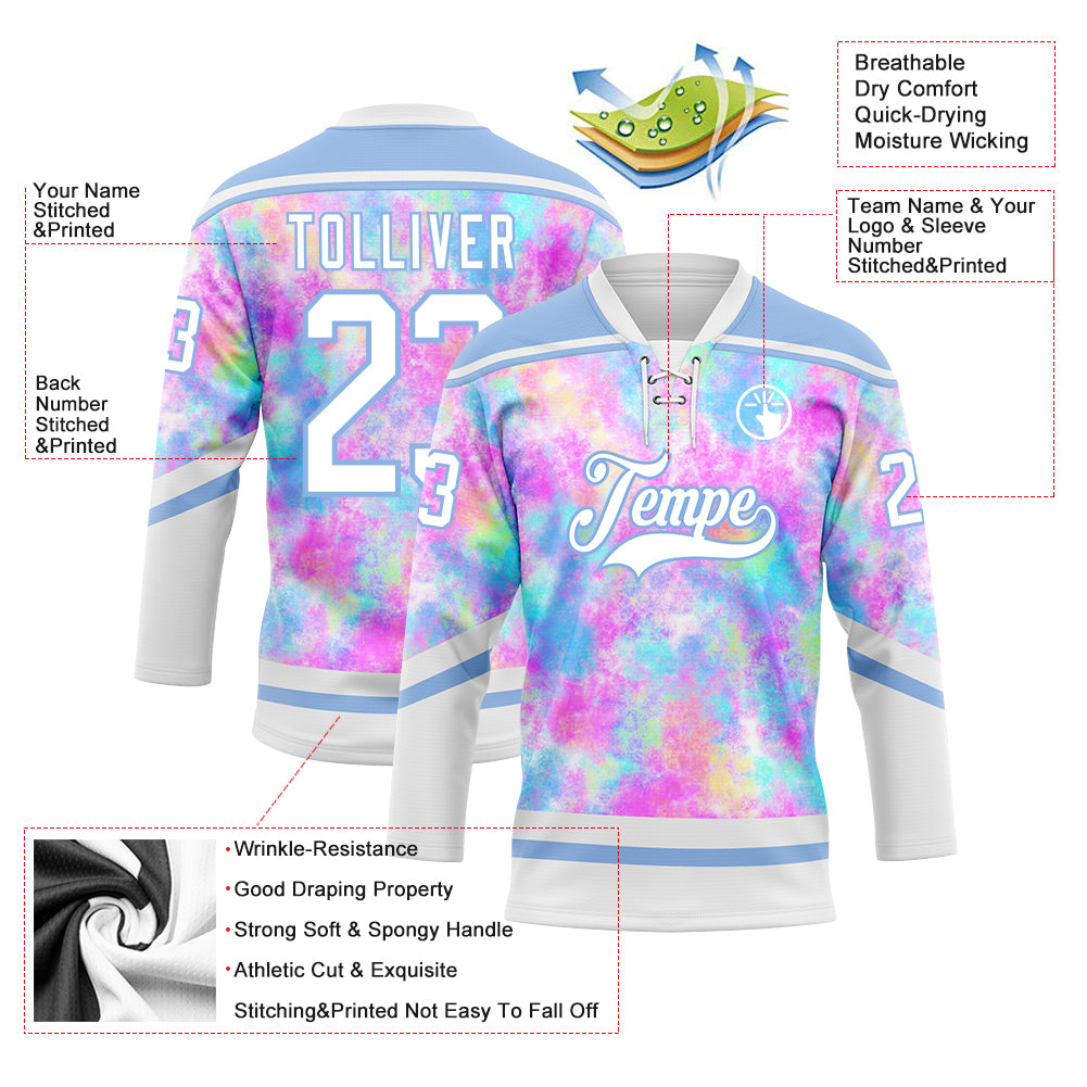 Custom Tie Dye White-Light Blue 3D Pattern Spalsh Art Hockey Lace Neck Jersey