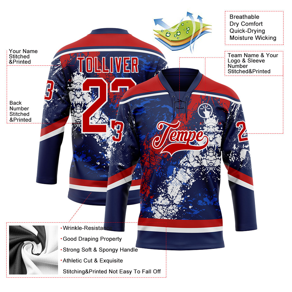 Custom Navy Red Thunder Blue-White 3D Splash Art Hockey Lace Neck Jersey