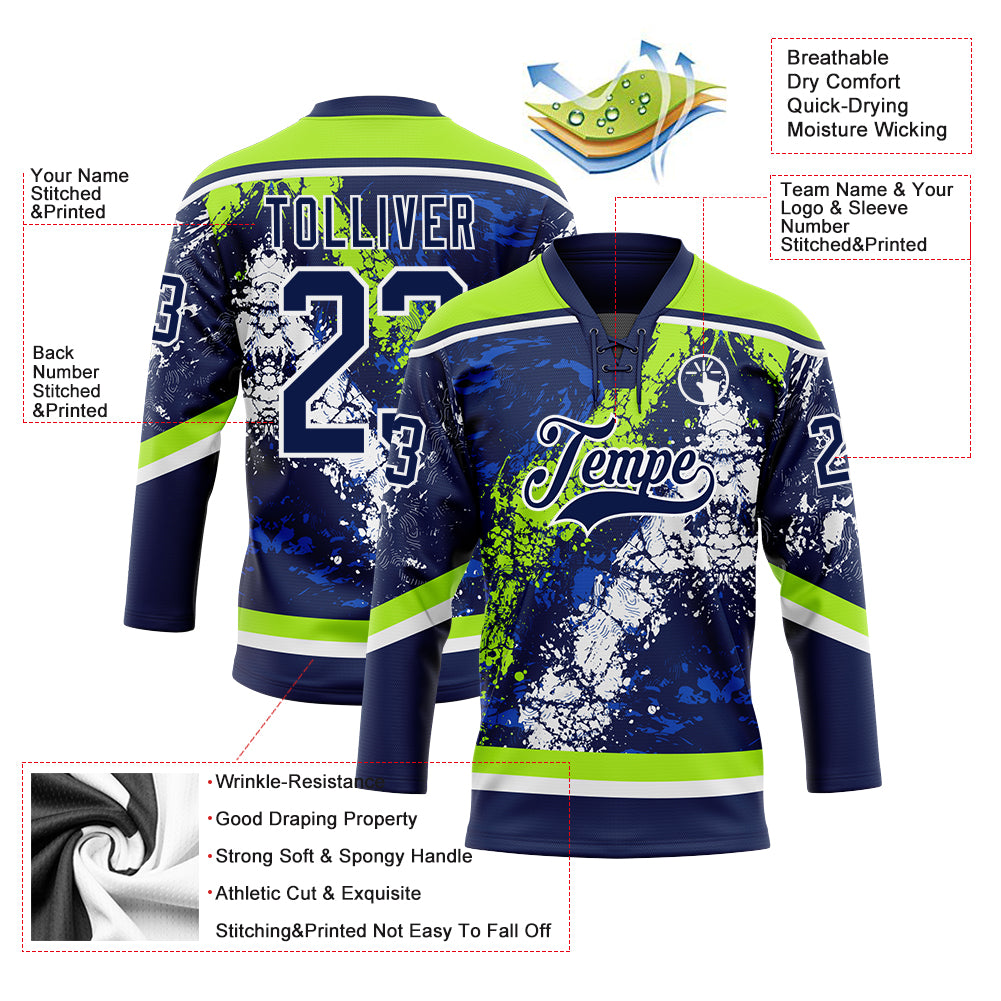 Custom Navy Thunder Blue Neon Green-White 3D Splash Art Hockey Lace Neck Jersey