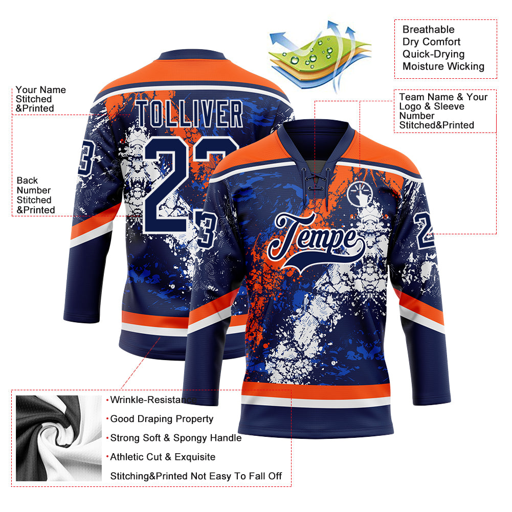 Custom Navy Thunder Blue Orange-White 3D Splash Art Hockey Lace Neck Jersey