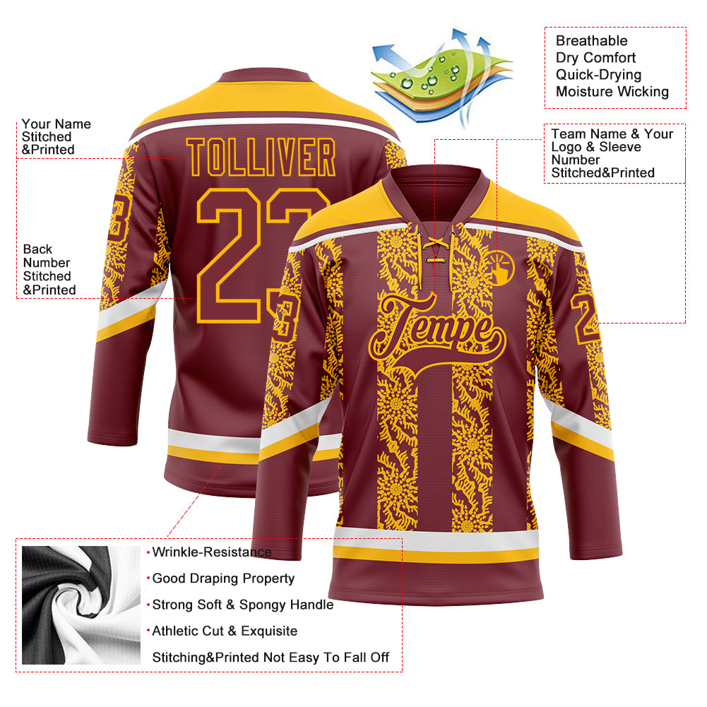 Custom Burgundy Gold-White 3D Pattern Abstract Shape Hockey Lace Neck Jersey