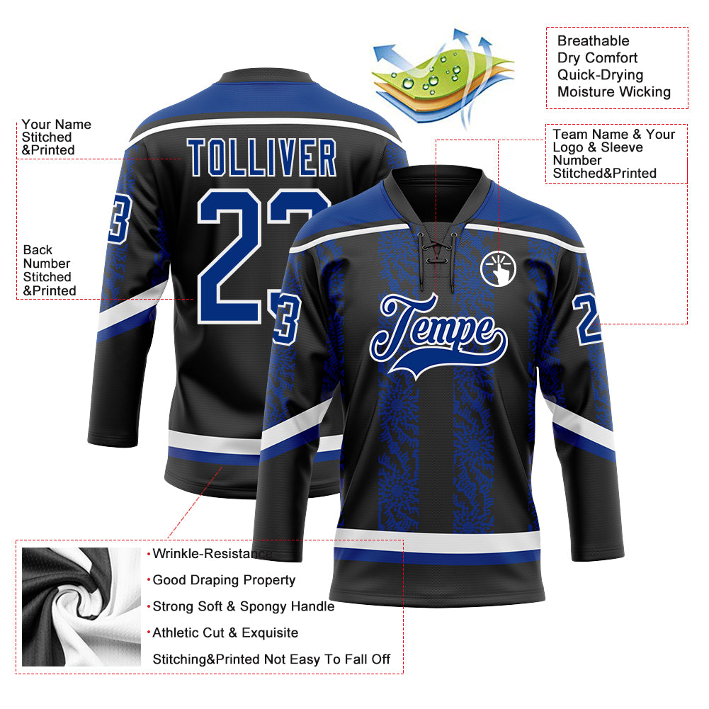 Custom Black Royal-White 3D Pattern Abstract Shape Hockey Lace Neck Jersey