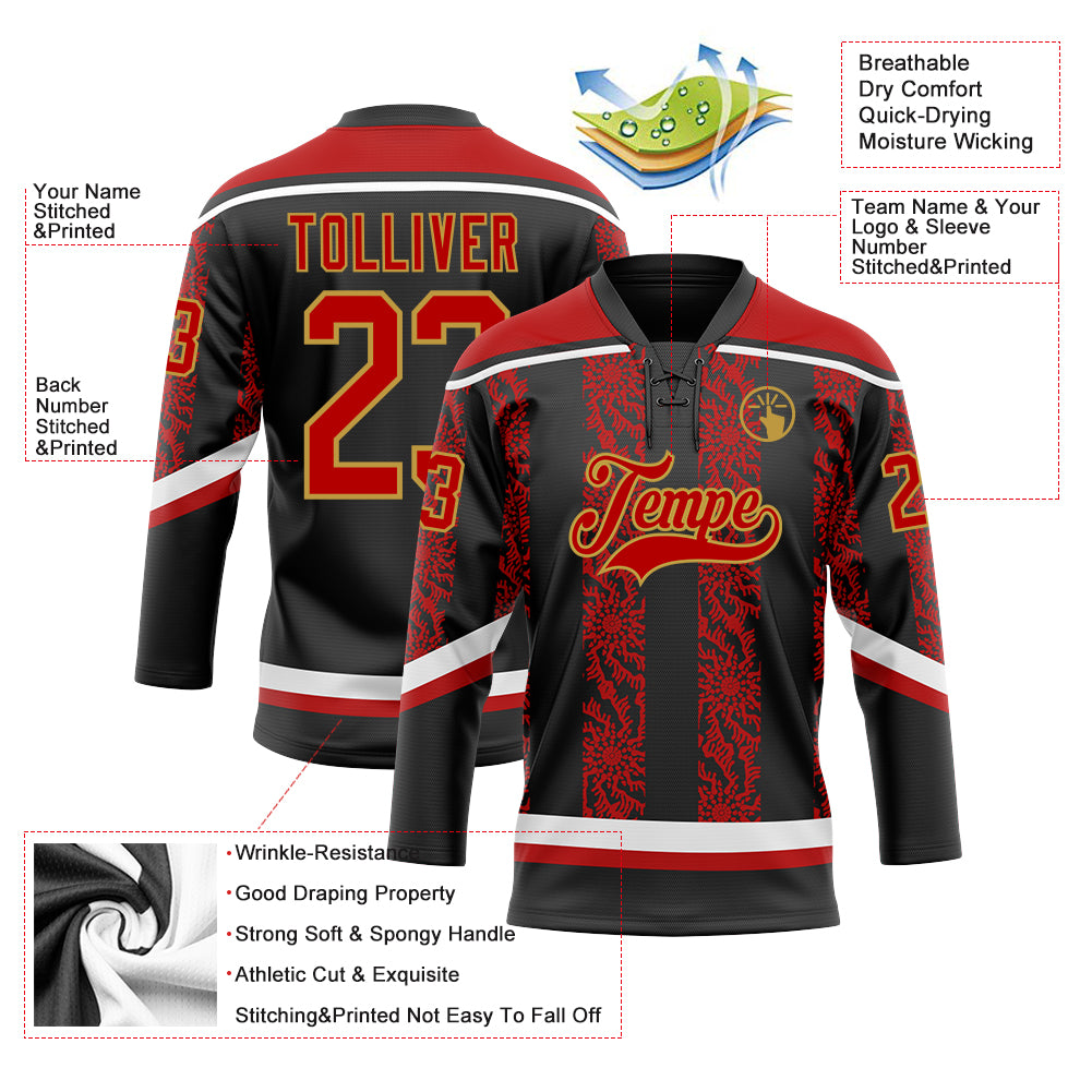Custom Black Red Old Gold-White 3D Pattern Abstract Shape Hockey Lace Neck Jersey