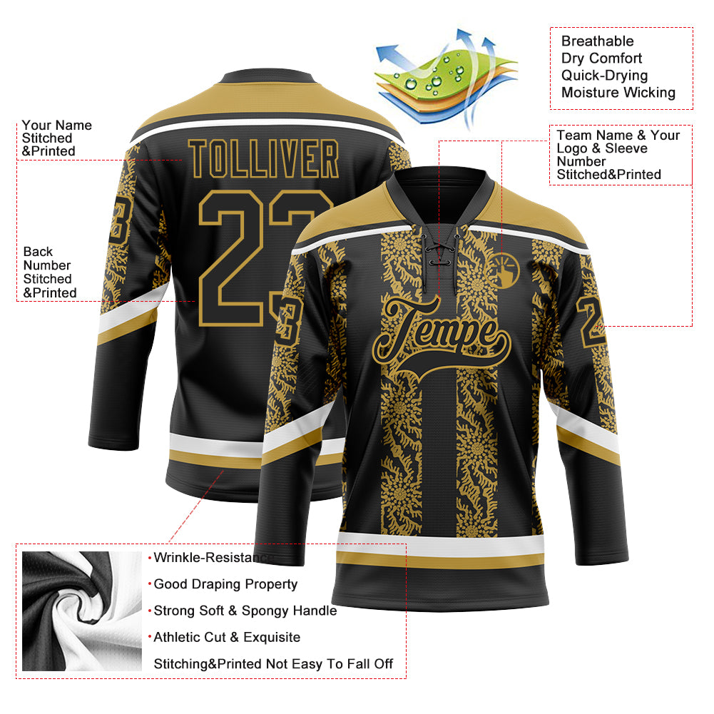 Custom Black Old Gold-White 3D Pattern Abstract Shape Hockey Lace Neck Jersey