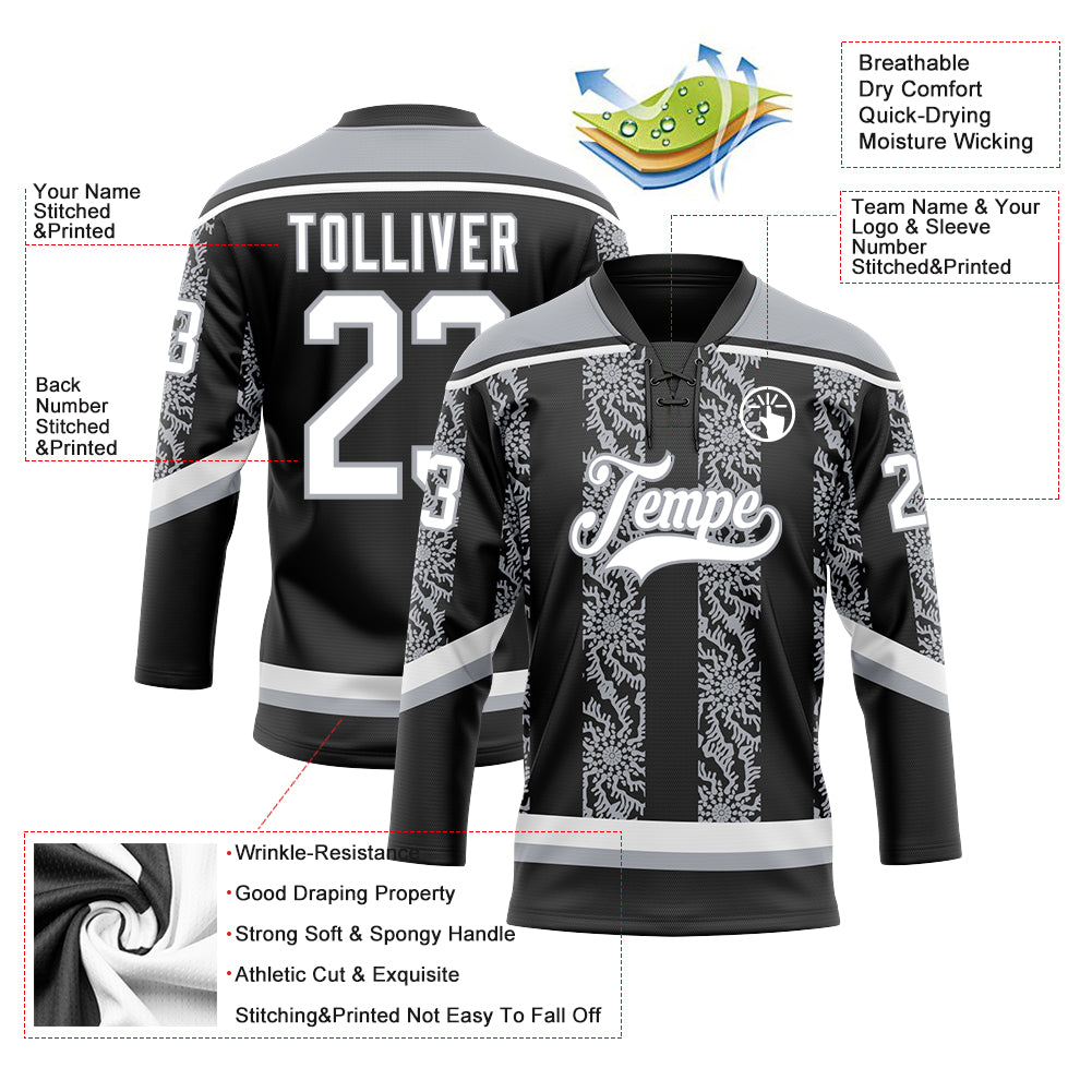 Custom Black White-Gray 3D Pattern Abstract Shape Hockey Lace Neck Jersey