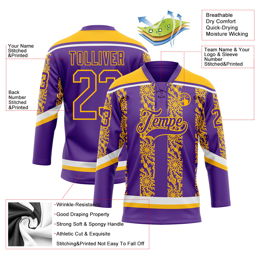 Custom Purple Gold-White 3D Pattern Abstract Shape Hockey Lace Neck Jersey