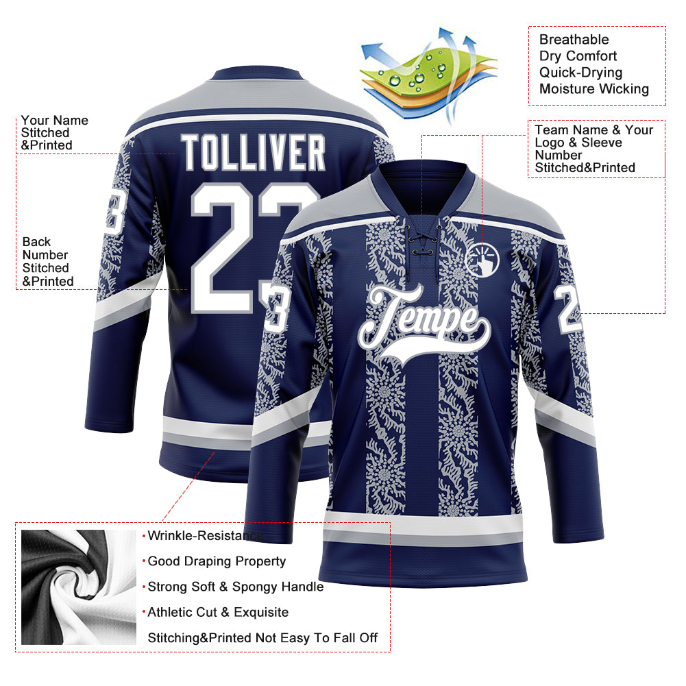 Custom Navy White-Gray 3D Pattern Abstract Shape Hockey Lace Neck Jersey