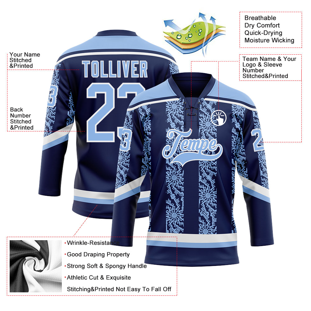 Custom Navy Light Blue-White 3D Pattern Abstract Shape Hockey Lace Neck Jersey
