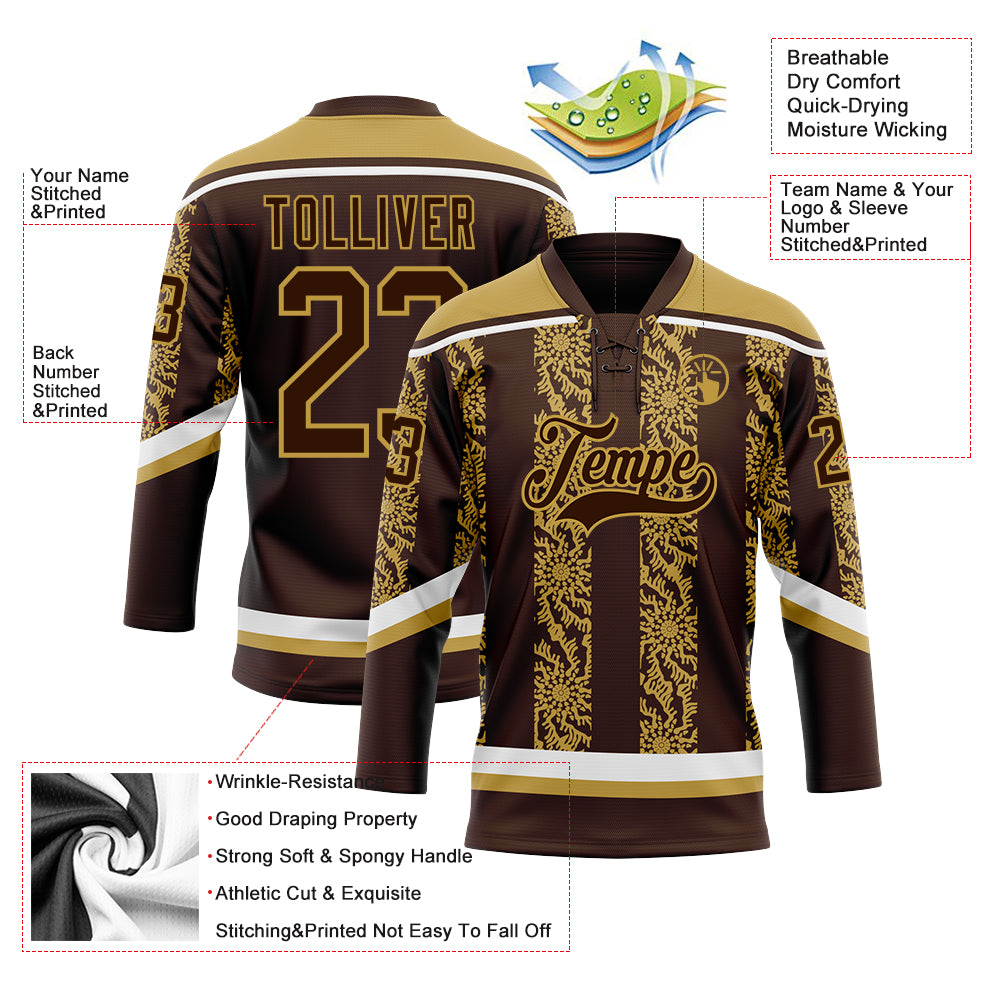 Custom Brown Old Gold-White 3D Pattern Abstract Shape Hockey Lace Neck Jersey
