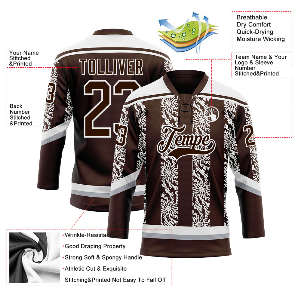 Custom Brown Gray-White 3D Pattern Abstract Shape Hockey Lace Neck Jersey