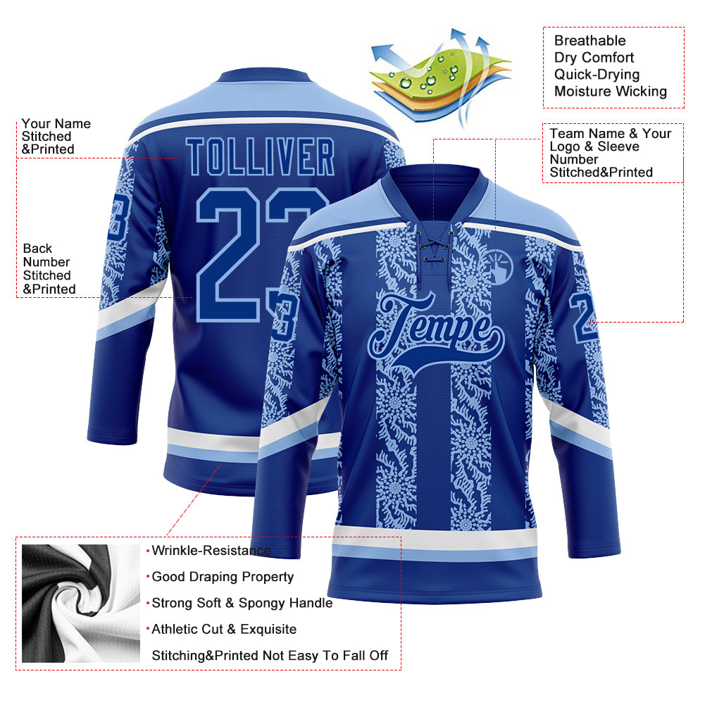 Custom Royal Light Blue-White 3D Pattern Abstract Shape Hockey Lace Neck Jersey