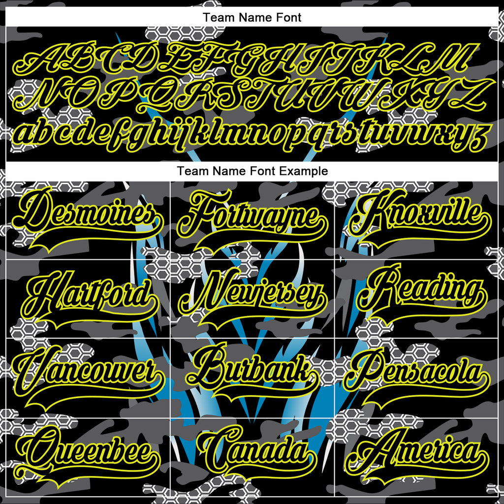 Custom Black Neon Yellow Blue-White 3D Pattern Abstract Camo Hockey Lace Neck Jersey