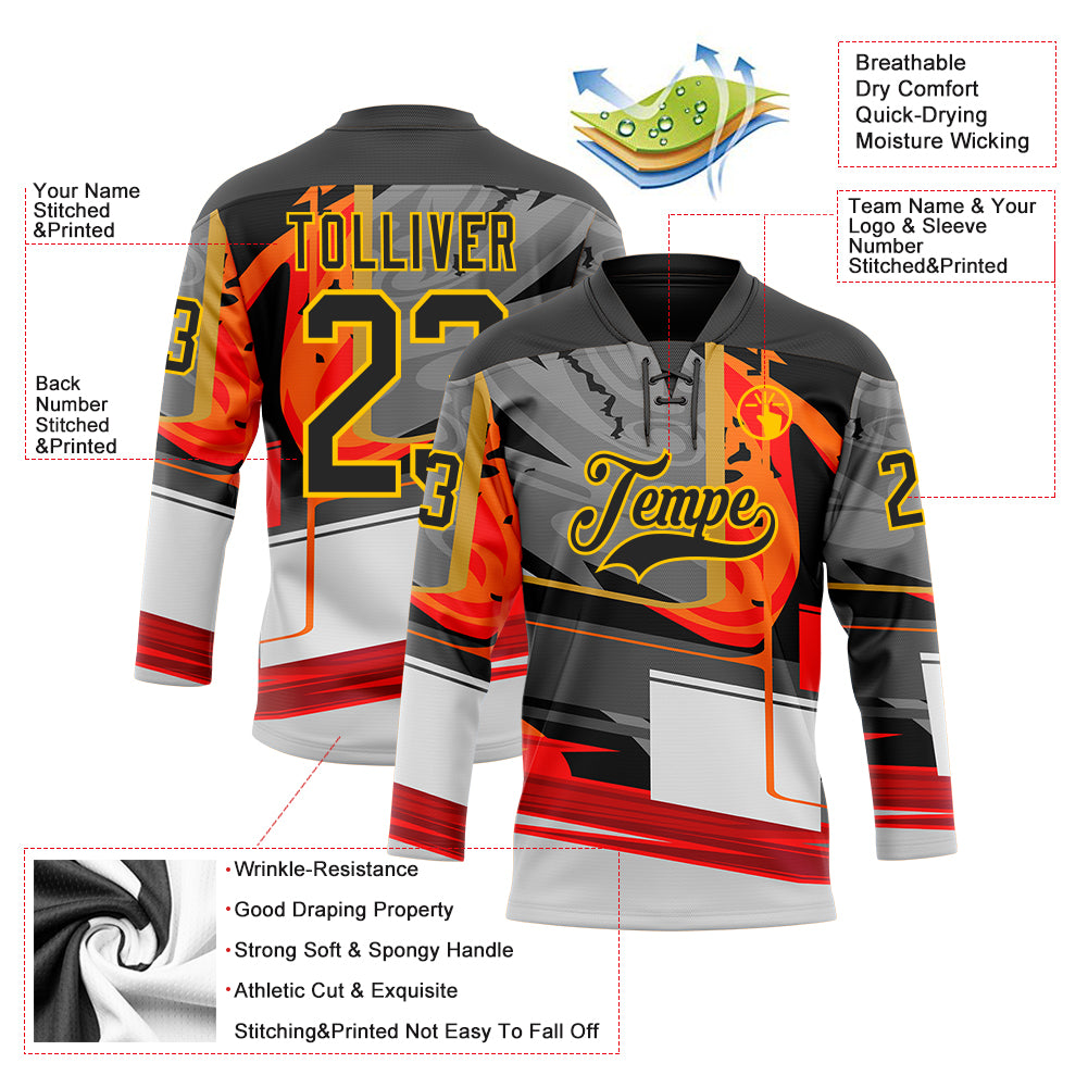 Custom Black Red-Yellow 3D Pattern Abstract Hockey Lace Neck Jersey