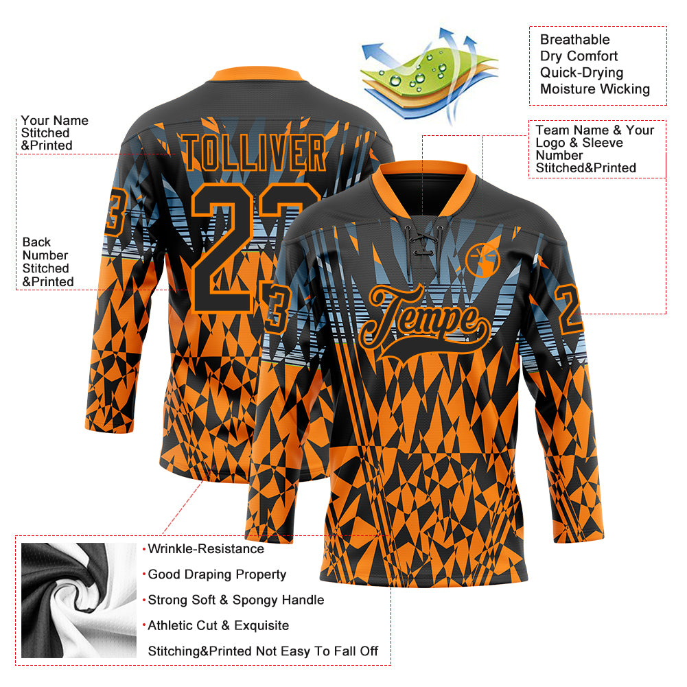 Custom Black Bay Orange-Blue 3D Pattern Abstract Hockey Lace Neck Jersey