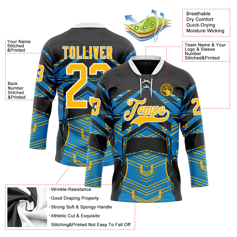 Custom Black Gold Blue-White 3D Pattern Abstract Hockey Lace Neck Jersey