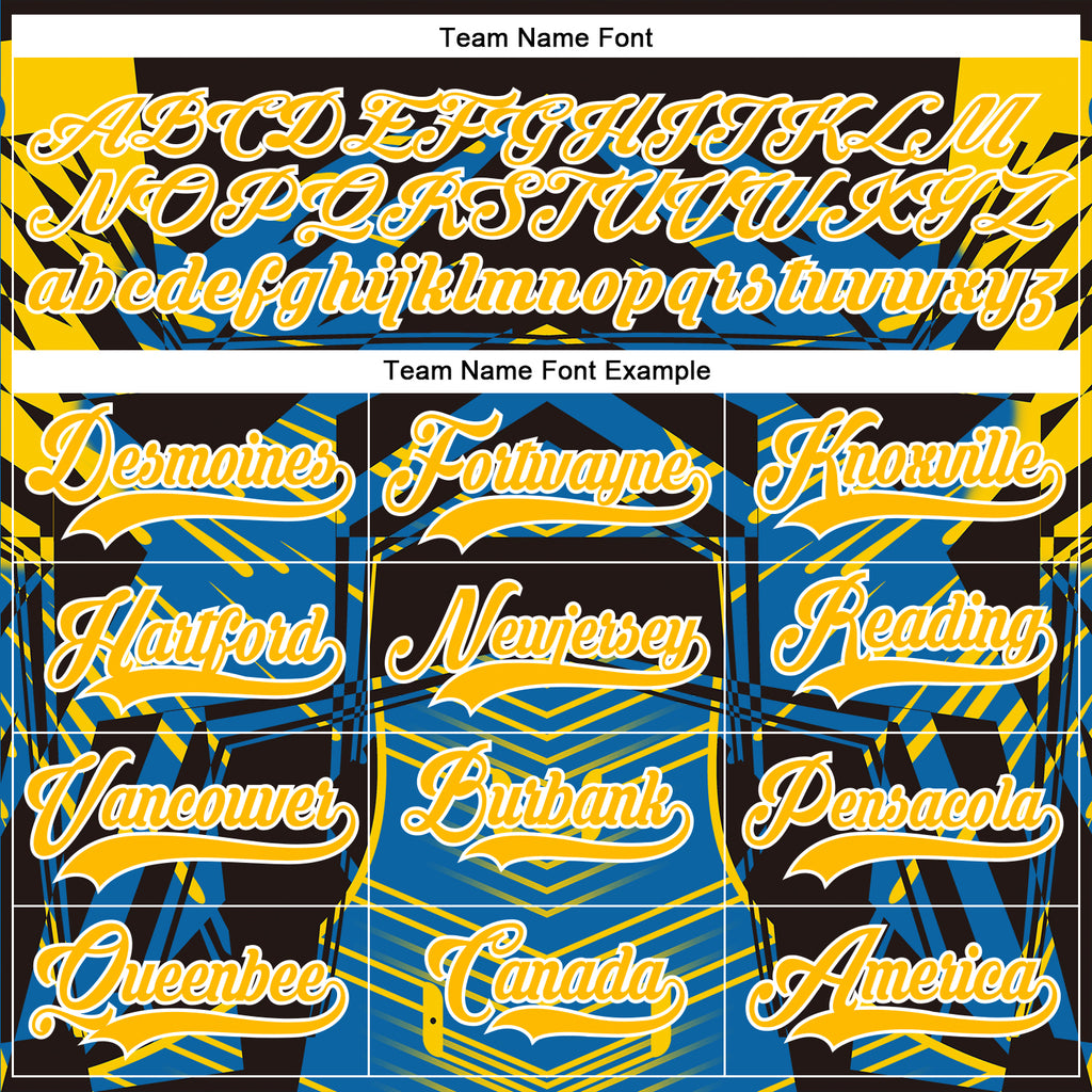 Custom Black Gold Blue-White 3D Pattern Abstract Hockey Lace Neck Jersey