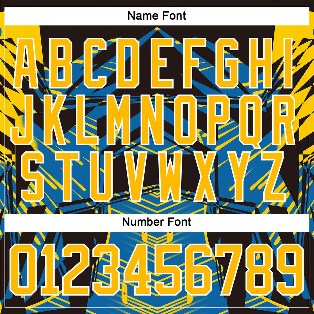 Custom Black Gold Blue-White 3D Pattern Abstract Hockey Lace Neck Jersey