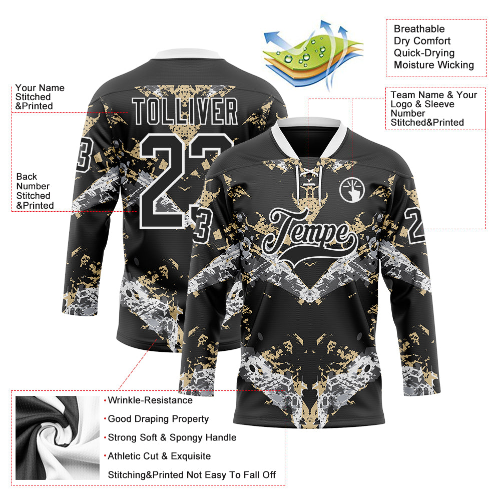 Custom Black Vegas Gold-White 3D Pattern Abstract Grunge Hockey Lace Neck Jersey