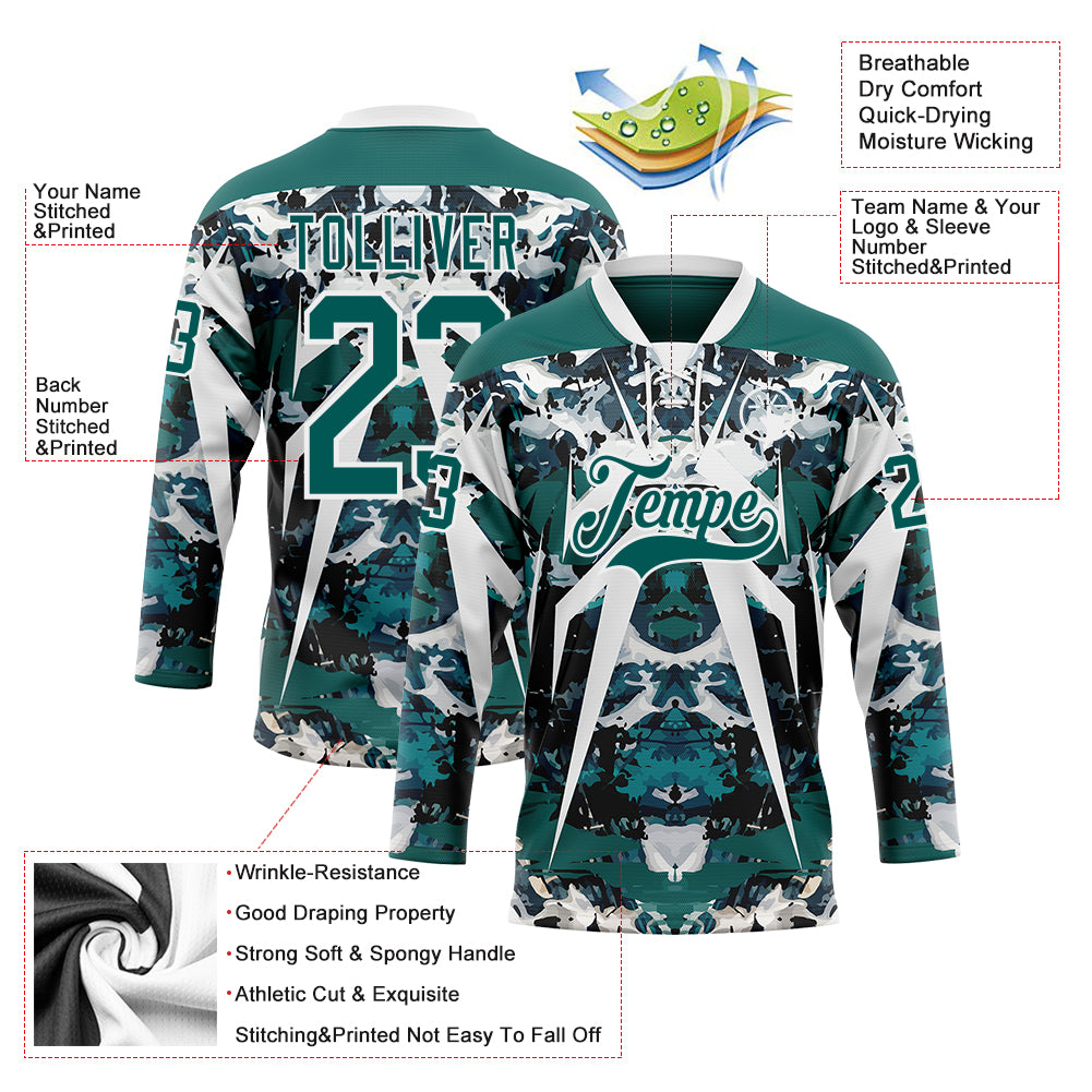 Custom Midnight Green Black-White 3D Pattern Abstract Grunge Hockey Lace Neck Jersey