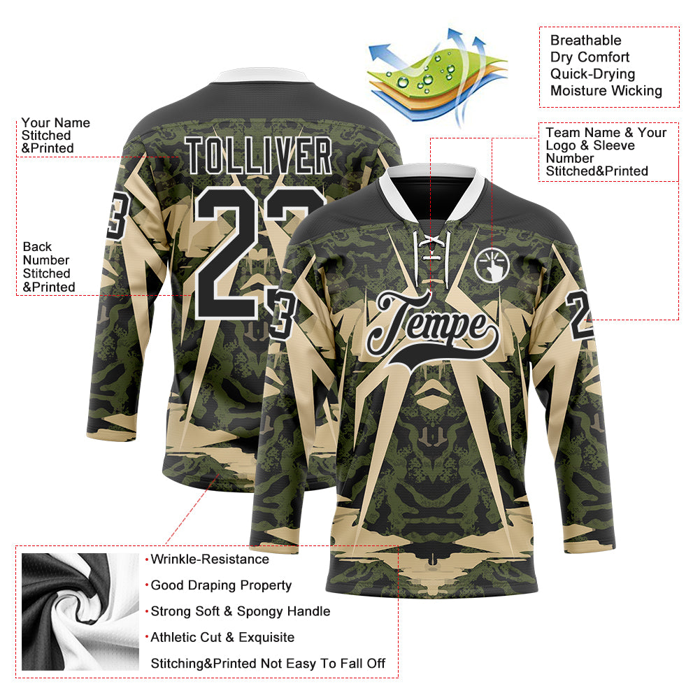 Custom Black Olive-White 3D Pattern Abstract Grunge Hockey Lace Neck Jersey
