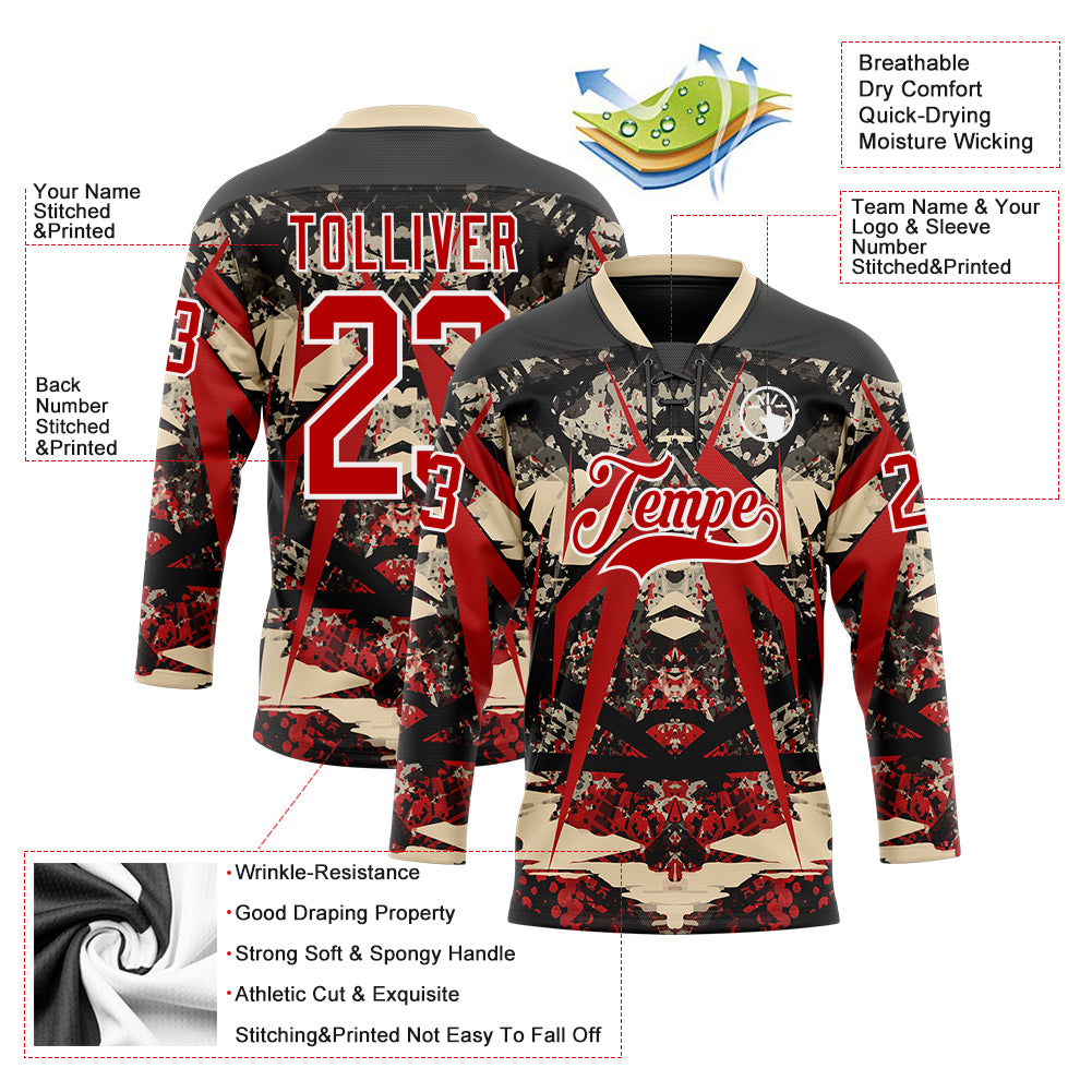 Custom Black Red City Cream-White 3D Pattern Abstract Grunge Hockey Lace Neck Jersey