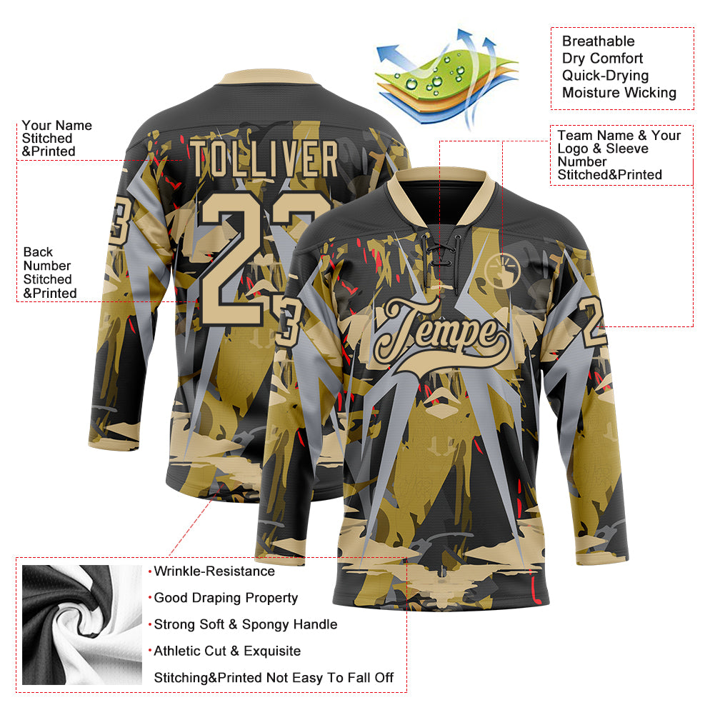 Custom Black Vegas Gold-Gray 3D Pattern Abstract Hockey Lace Neck Jersey