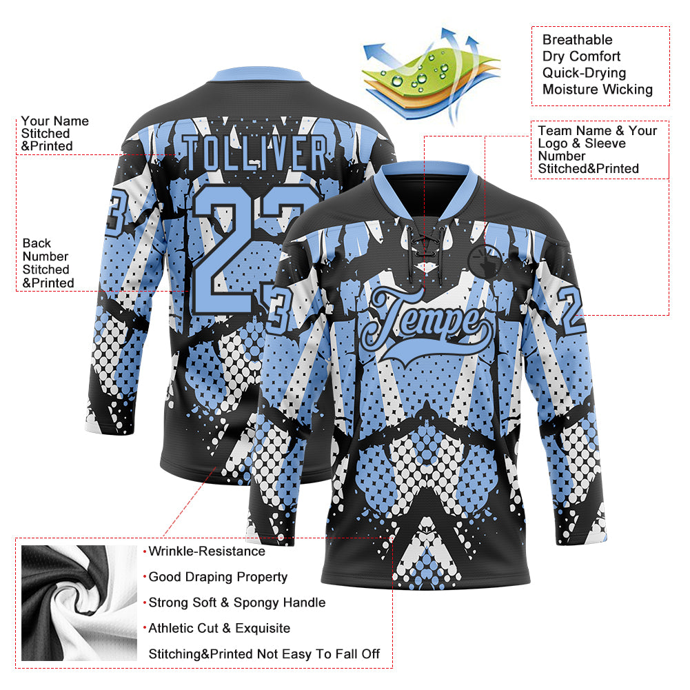 Custom Light Blue Black-White 3D Pattern Abstract Hockey Lace Neck Jersey
