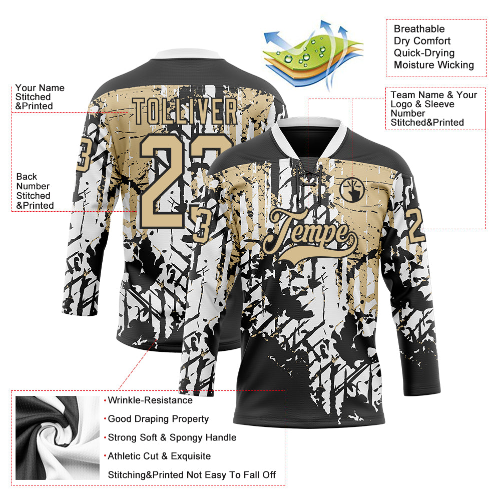 Custom Black Vegas Gold-White 3D Pattern Abstract Grunge Hockey Lace Neck Jersey