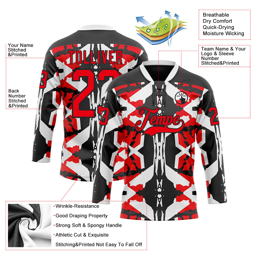 Custom Black Fire Red-White 3D Pattern Abstract Hockey Lace Neck Jersey
