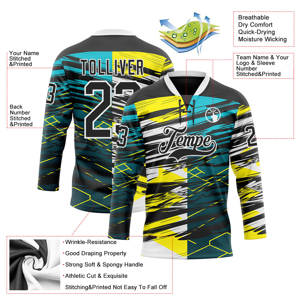 Custom Black Green-Yellow 3D Pattern Abstract Split Hockey Lace Neck Jersey