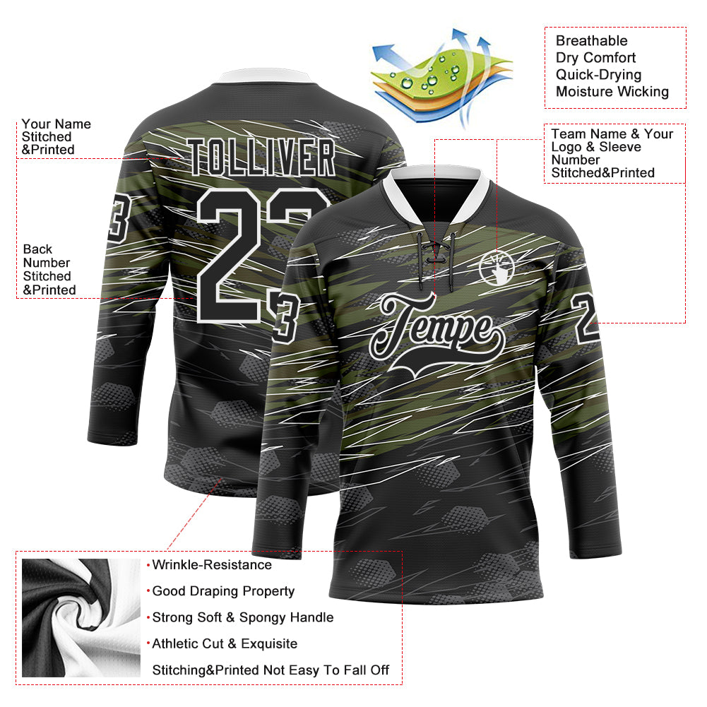 Custom Black Olive-White 3D Pattern Abstract Hockey Lace Neck Jersey