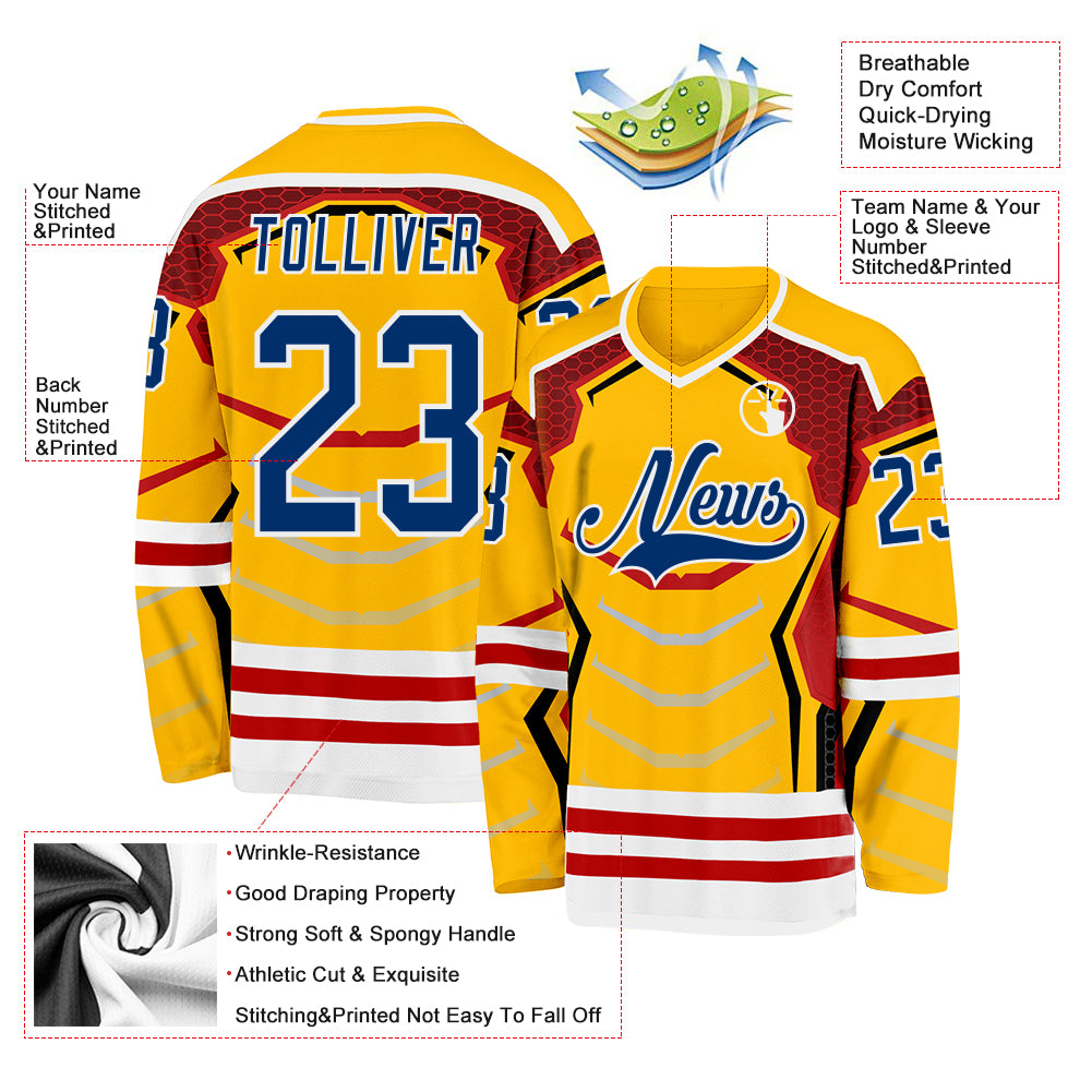 Custom Gold US Navy Blue Red-White 3D Pattern Cyber Mecha E-sport Hockey Jersey