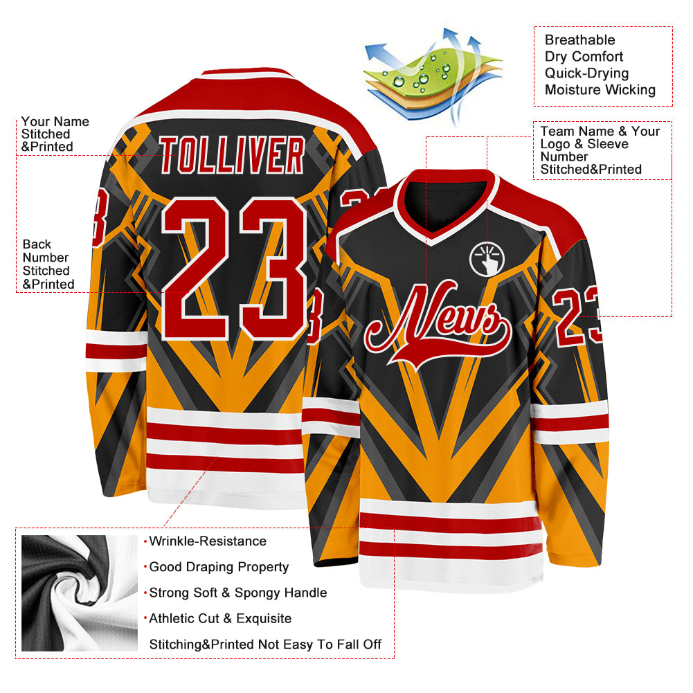 Custom Black Red Gold-White 3D Pattern Cyber Mecha E-sport Hockey Jersey