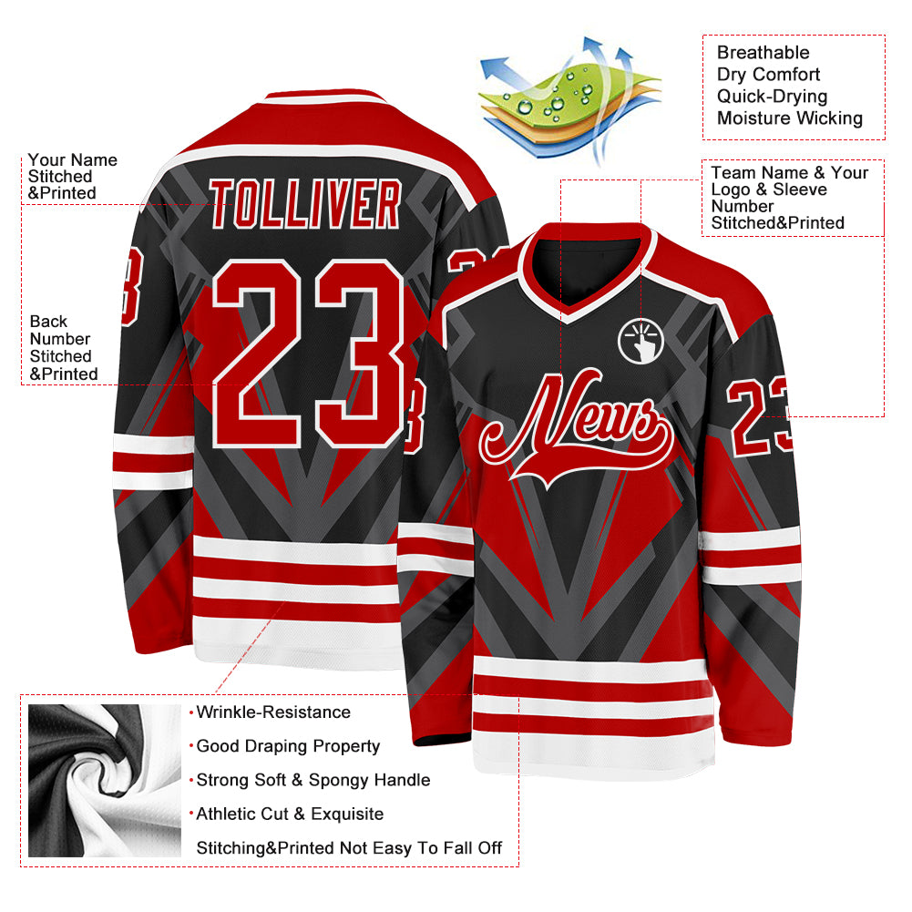 Custom Black Red Gray-White 3D Pattern Cyber Mecha E-sport Hockey Jersey