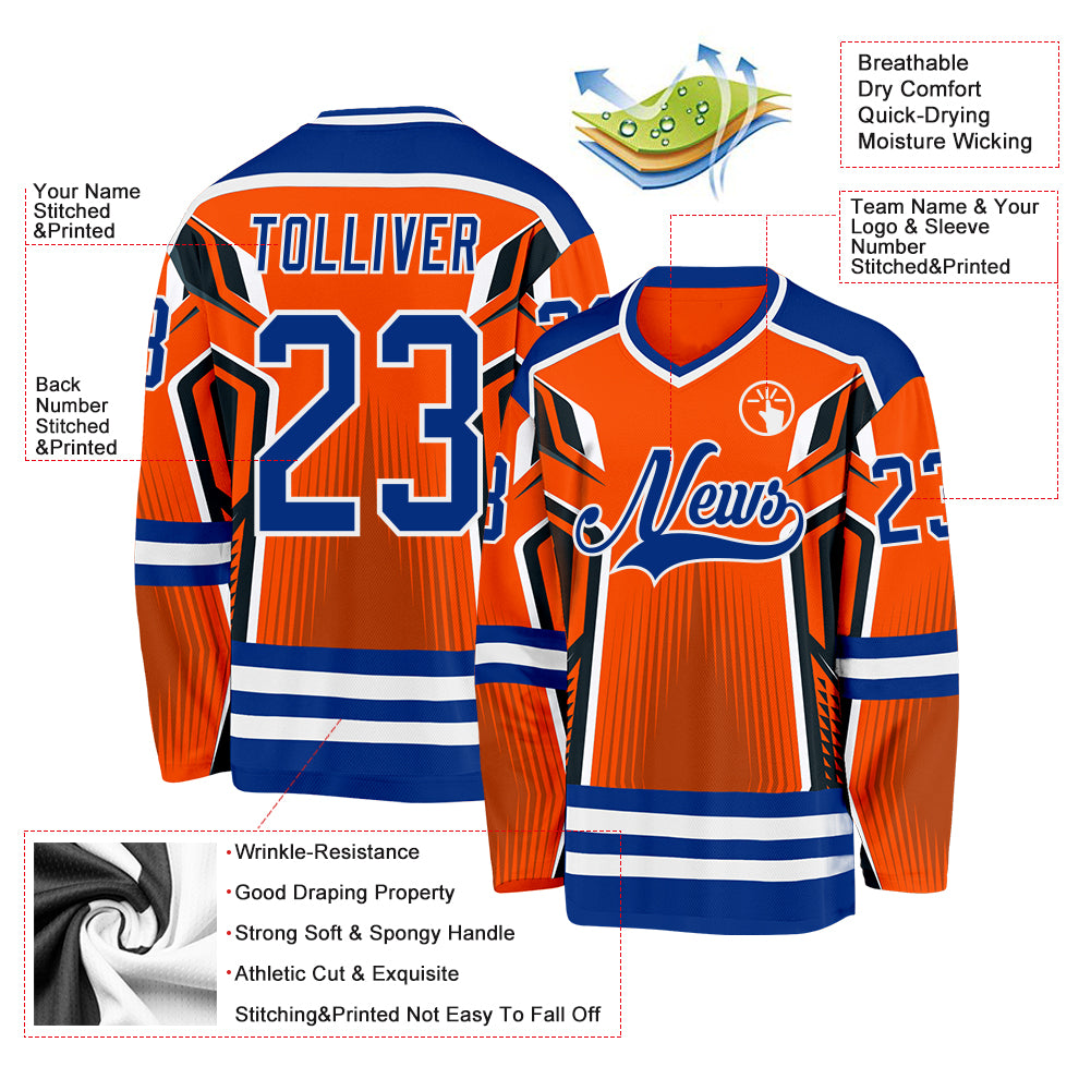 Custom Orange Royal-White 3D Pattern Cyber Mecha E-sport Hockey Jersey