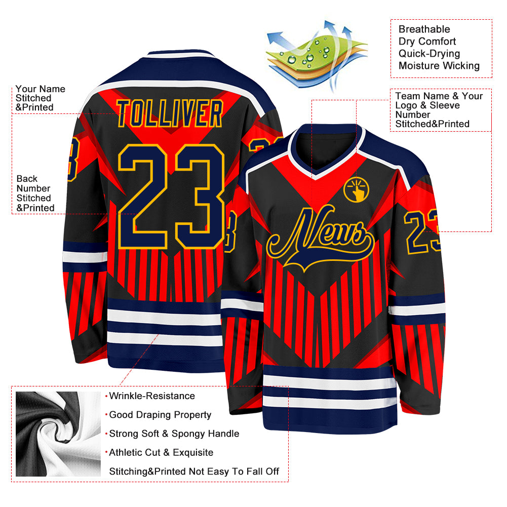 Custom Orange Navy Black-Gold 3D Pattern Cyber Mecha E-sport Hockey Jersey
