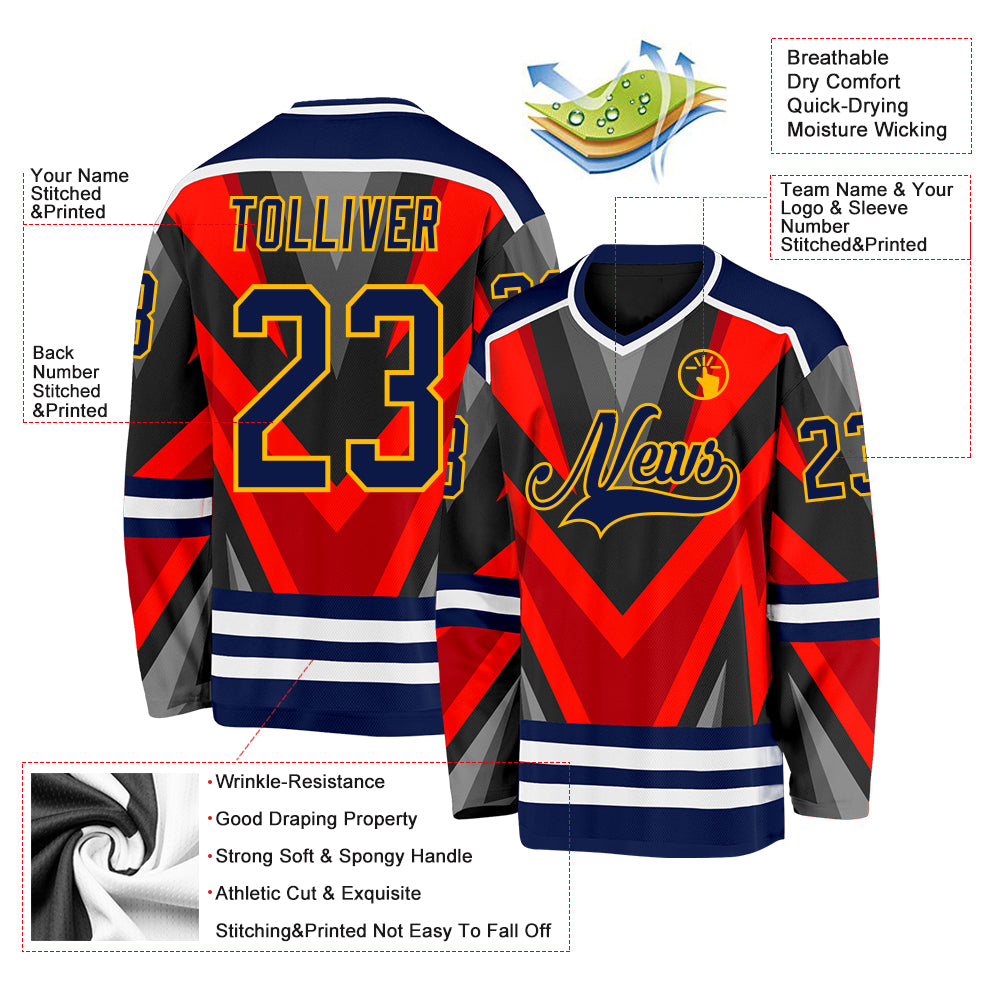 Custom Orange Navy Black Gray-Gold 3D Pattern Cyber Mecha E-sport Hockey Jersey