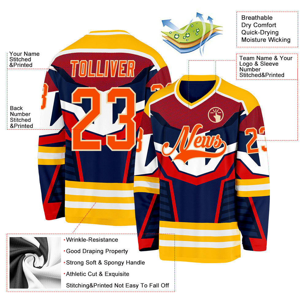 Custom Navy Orange Gold Cream-White 3D Pattern Cyber Mecha E-sport Hockey Jersey