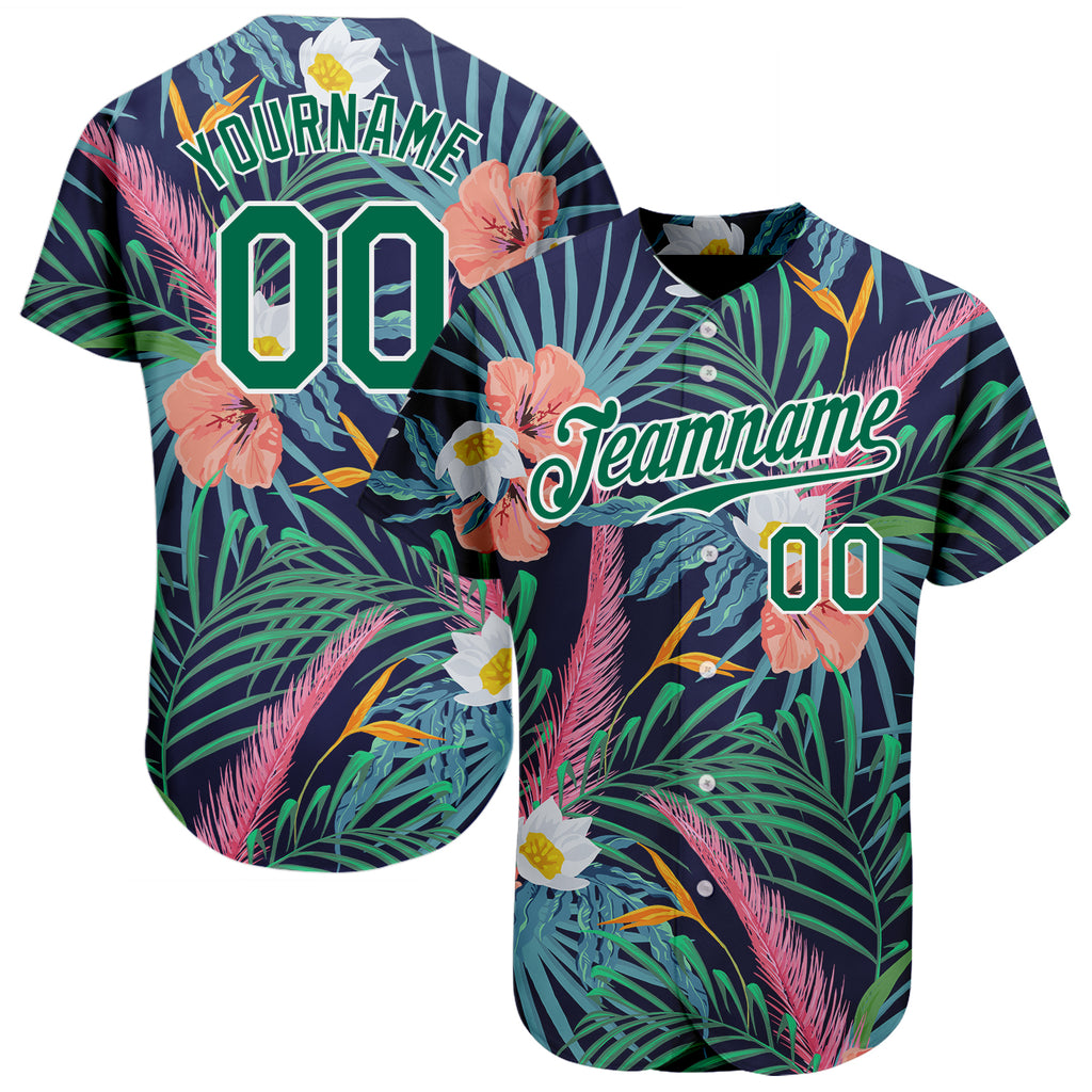 Custom Black Kelly Green-White 3D Pattern Design Hawaii Palm Leaves And Flowers Authentic Baseball Jersey
