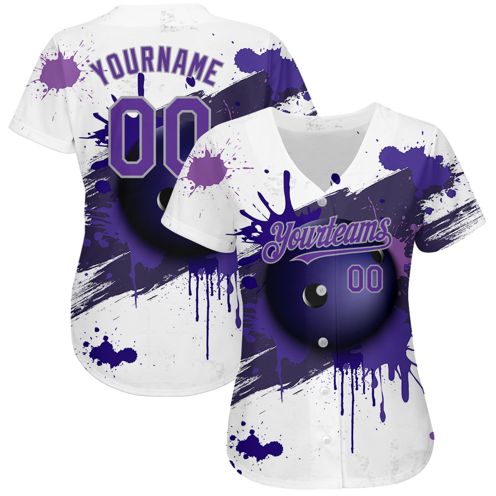 Custom White Purple-Gray 3D Pattern Design Bowling Ball Authentic Baseball Jersey