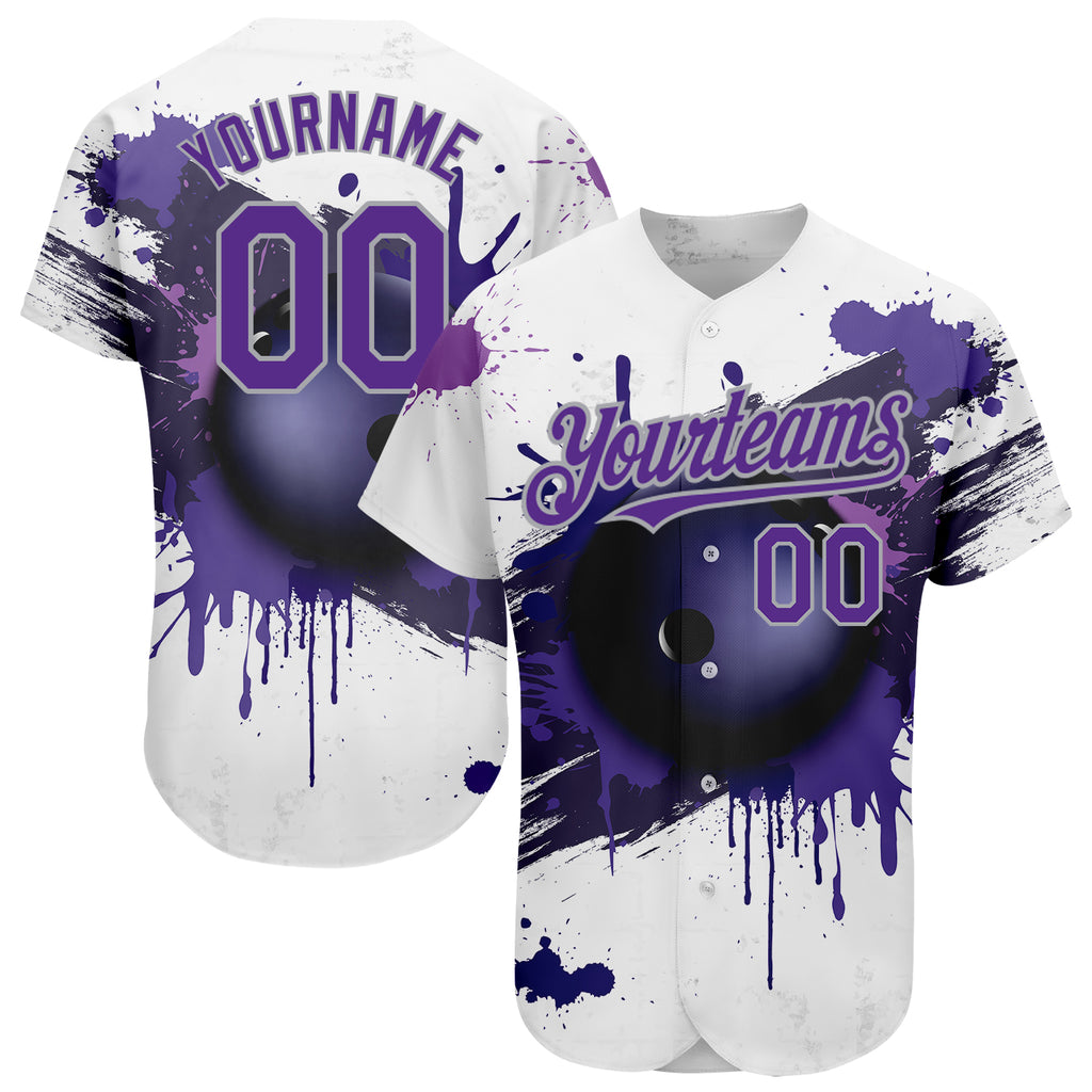 Custom White Purple-Gray 3D Pattern Design Bowling Ball Authentic Baseball Jersey