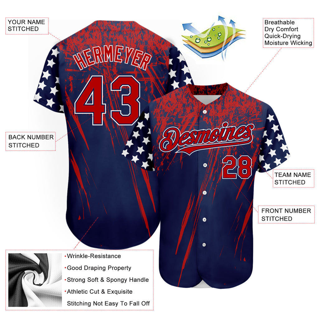 Custom Navy Red-Royal 3D American Flag Authentic Baseball Jersey