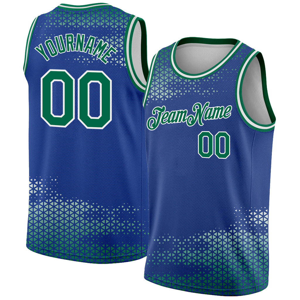 Custom Royal Kelly Green-White Triangle Shapes Authentic City Edition Basketball Jersey