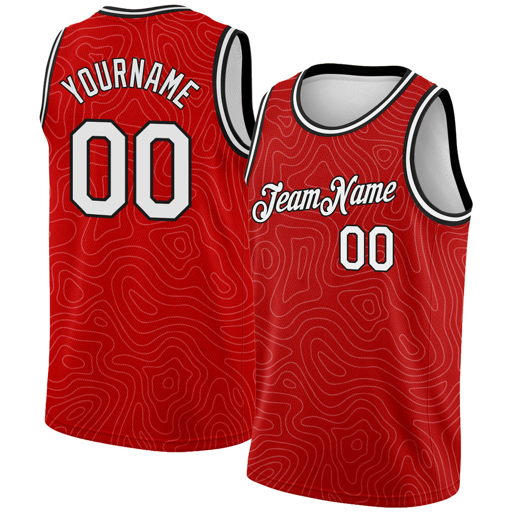 Custom Red White-Black Rounded Zig Zag Lines Authentic City Edition Basketball Jersey