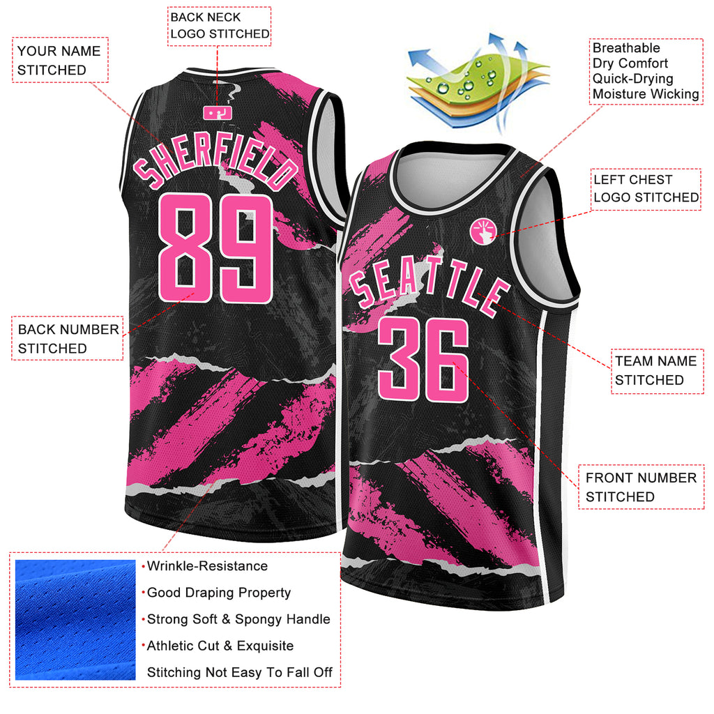 Custom Black Pink-White 3D Pattern Design Torn Paper Style Authentic Basketball Jersey