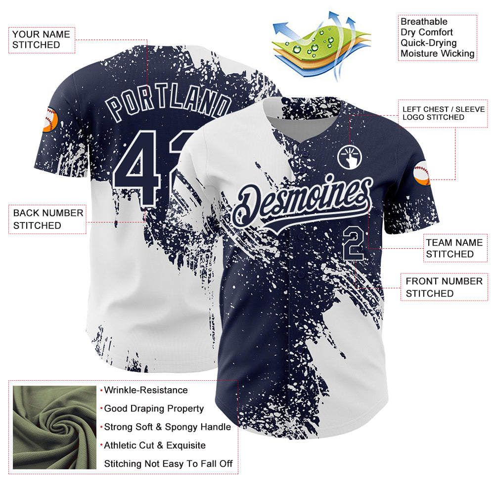 Custom Navy White 3D Pattern Design Abstract Brush Stroke Authentic Baseball Jersey