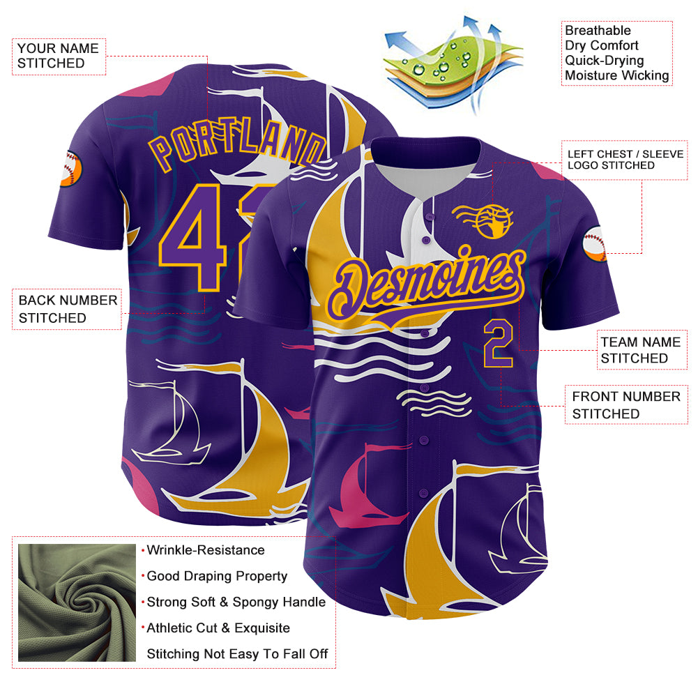 Custom Purple Gold 3D Pattern Design Sailing Boats Authentic Baseball Jersey
